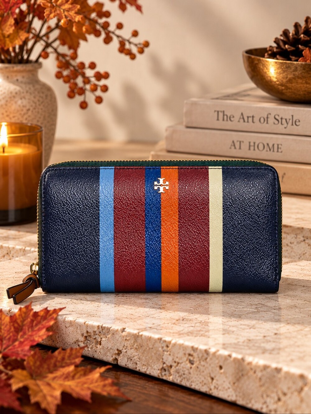 Tory Burch Kerrington Zip Around Continental Wallet Navy Multi Stripe 7.5"
